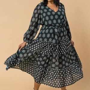 Ladies Plus Black & White Surplice Belted Maxi Dress - FINAL CLEARANCE